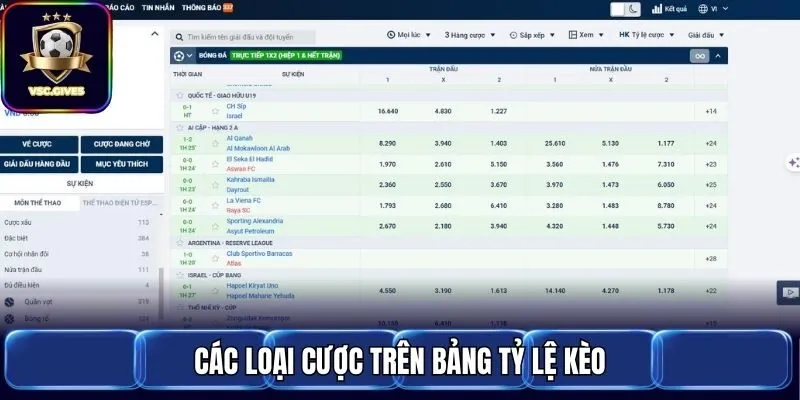 Các loại cược trên bảng tỷ lệ kèo